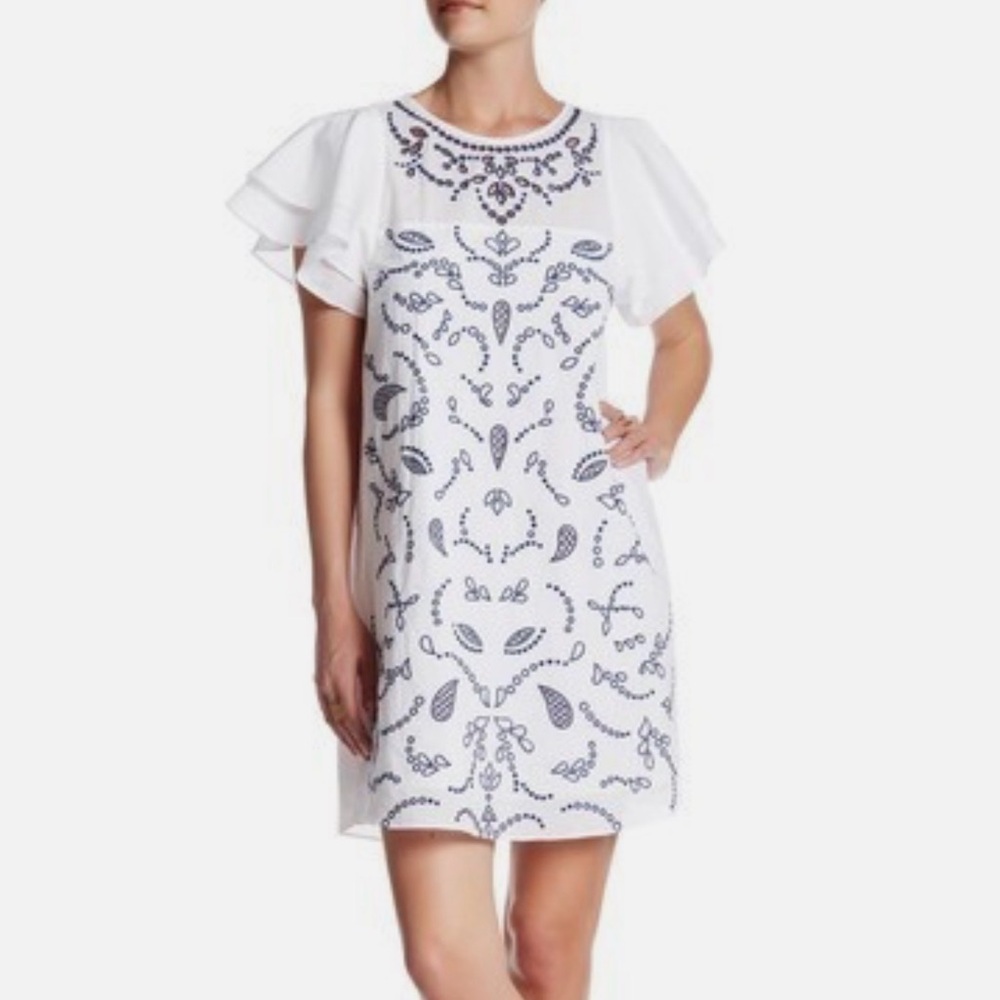 NWT PARKER S Size White Cotton Dress Navy Embroidery Short Sleeve Summer